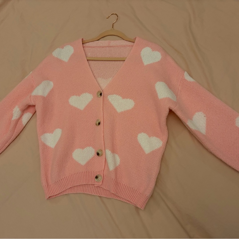 Pink Heart Button-Up V-Neck Cardigan